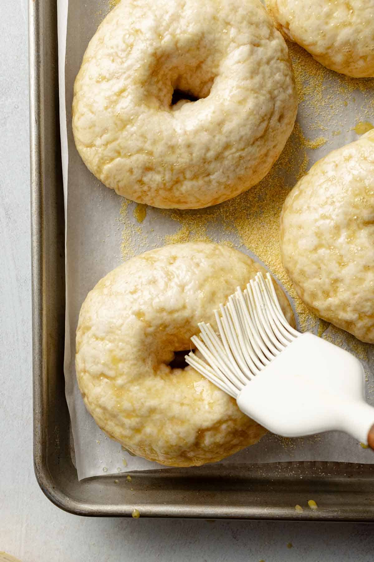 A pastry brush applying an egg wash to boiled gluten-free bagels on a parchment-lined baking sheet. The bagels have a slightly glossy, puffy surface with cornmeal sprinkled around them.