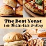 Image collage of gluten-free pizza, hamburger buns, pita bread, and cinnamon rolls.