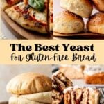 Image collage of gluten-free pizza, hamburger buns, pita bread, and cinnamon rolls.