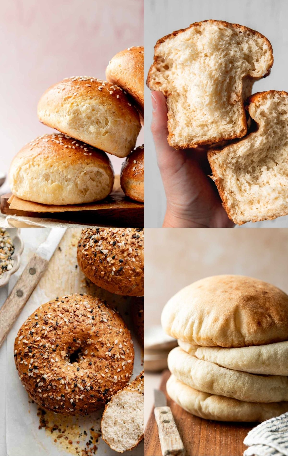 Image collage of gluten free bagels, loaf of bread, hamburger buns, and pita bread.