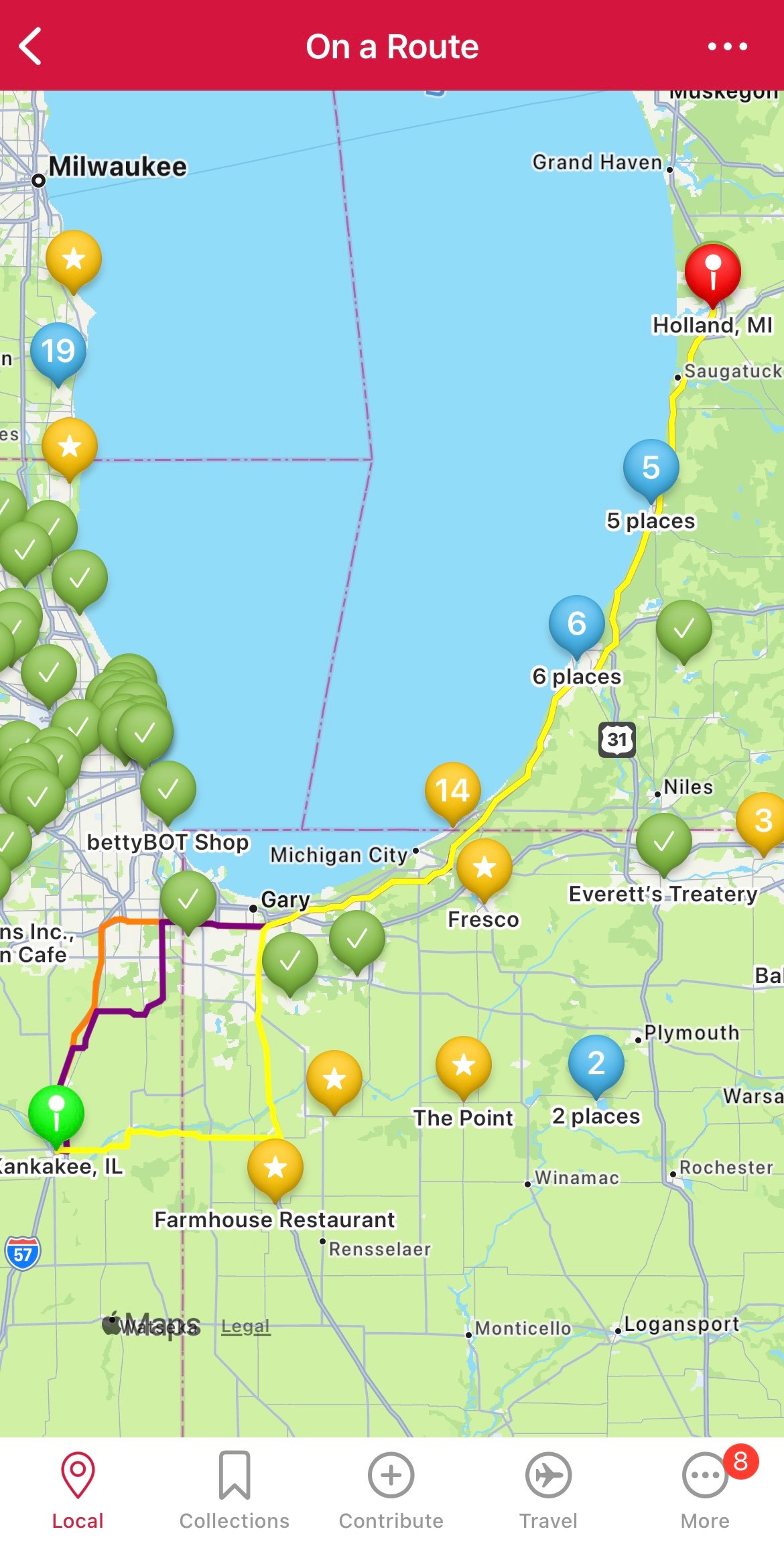 Screenshot of map in find me gluten-free app showing different pins along a route.