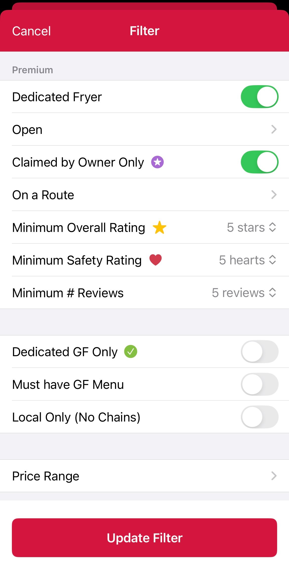 Screenshot of premium filters on Find Me Gluten-Free.
