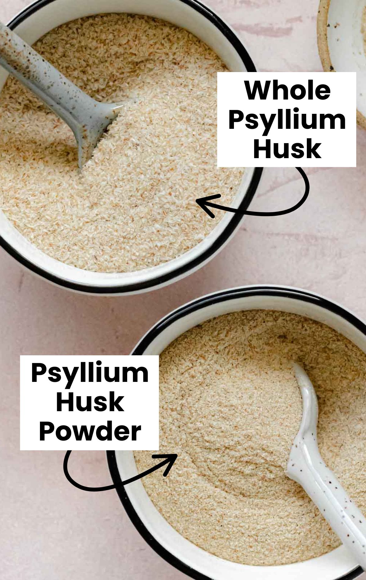 Two bowls, one with whole psyllium husk and the other with psyllium husk powder.