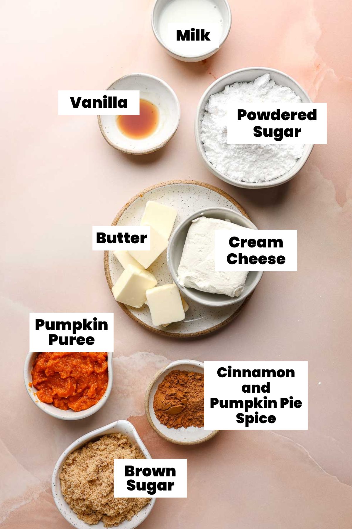 Ingredients for the filling and Icing measured out in bowls.