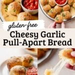 Collage of gluten-free cheesy garlic pull-apart bread with marinara sauce and melted cheese filling.