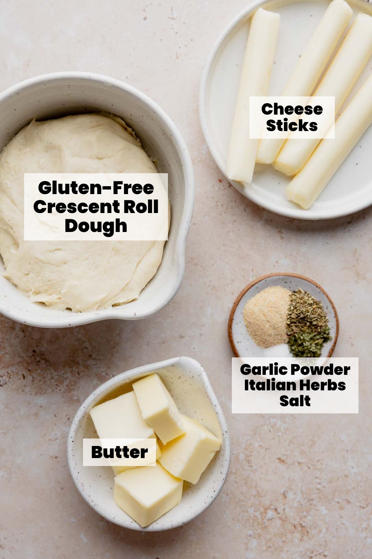 Ingredients for gluten-free cheesy garlic bread: dough, cheese sticks, butter, garlic powder, herbs, salt.