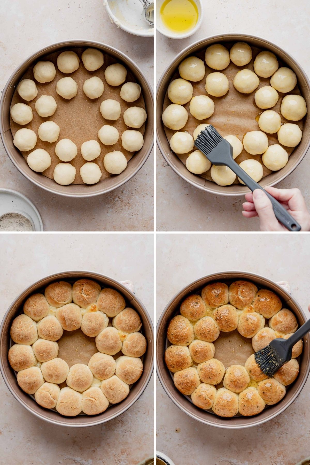 Process of brushing, baking, and finishing gluten-free garlic pull-apart bread in a round pan.