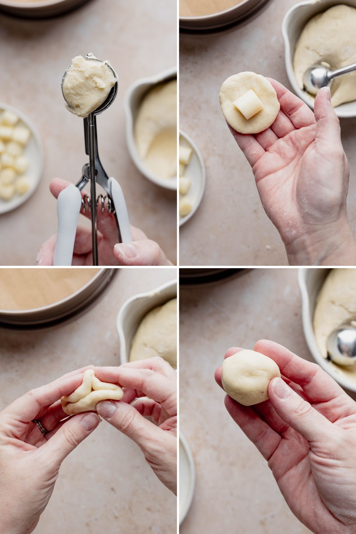 Step-by-step forming dough balls around cheese cubes for gluten-free garlic bread.