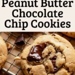 Baked peanut butter chocolate chip cookies cooling on a wire rack.