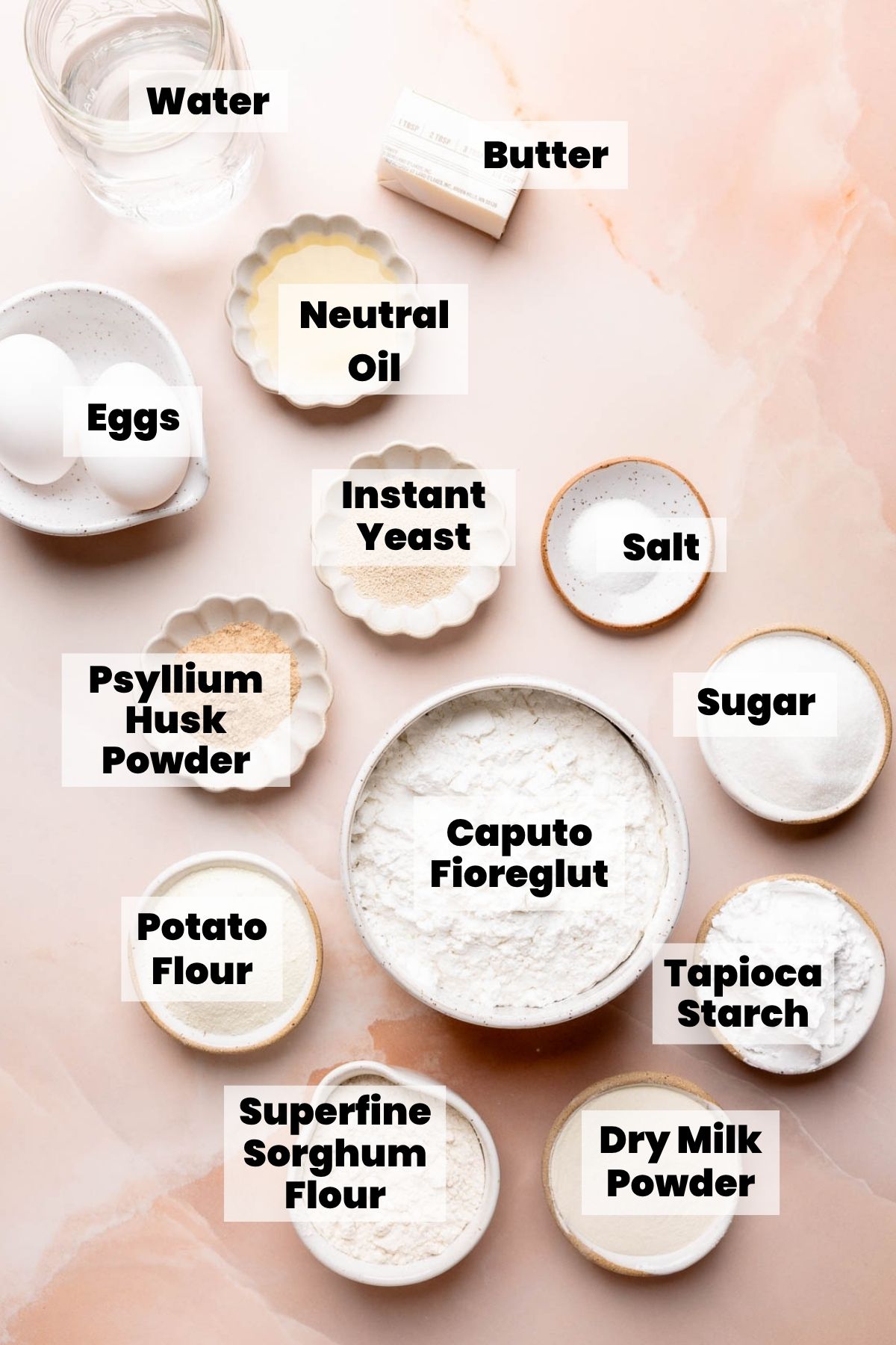 Ingredients for gluten free dough labeled: Caputo Fioreglut, flours, yeast, eggs, butter, and psyllium husk powder.