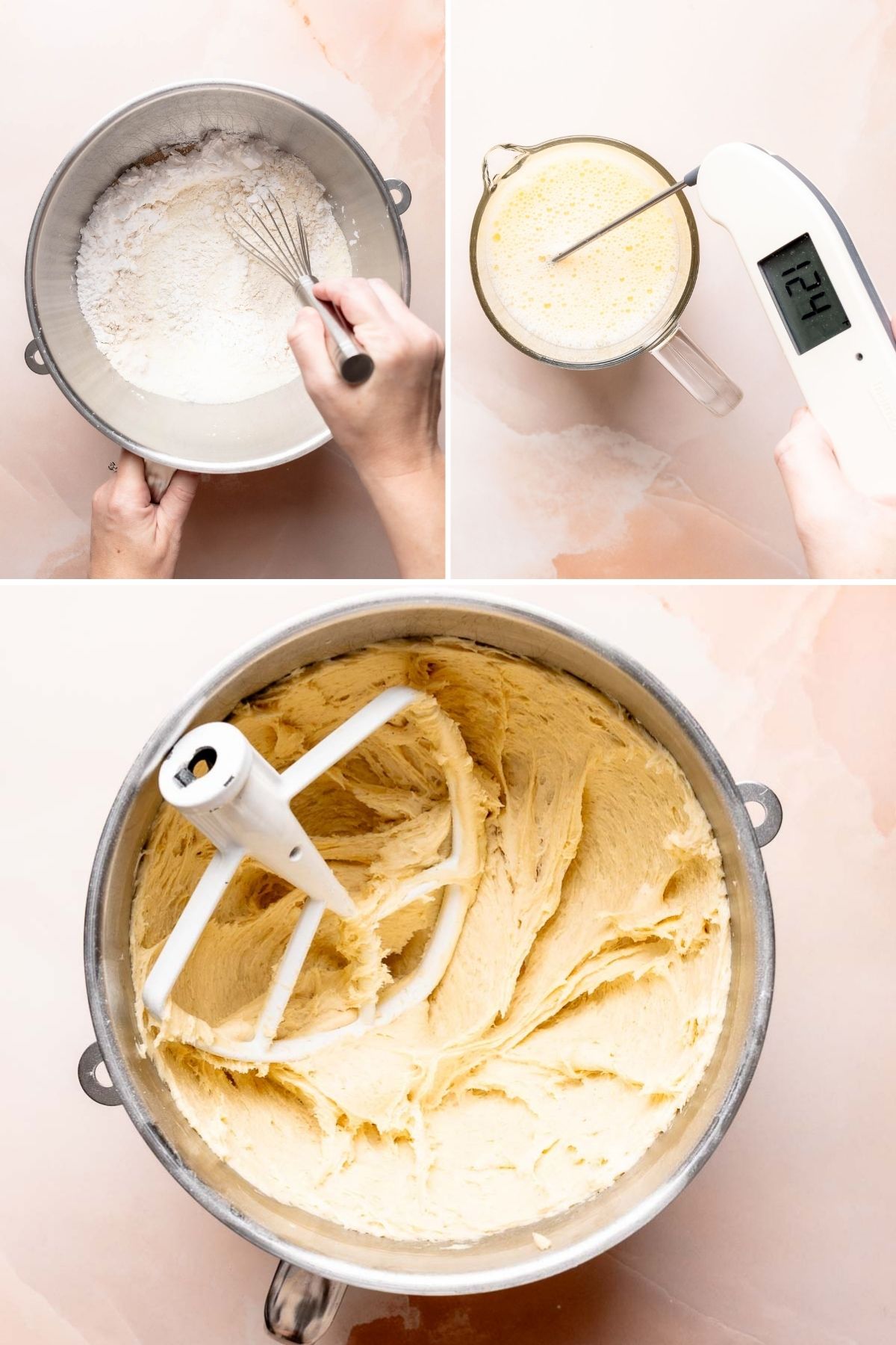 Mixing dry ingredeitns with whisk, thermometer, and gluten free dough in stand mixer bowl.