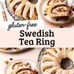 Gluten free Swedish tea ring slices and whole iced ring.