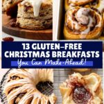 Make ahead Gluten-free biscuits, cinnamon rolls, wreath bread, and jam-filled pastry with icing.