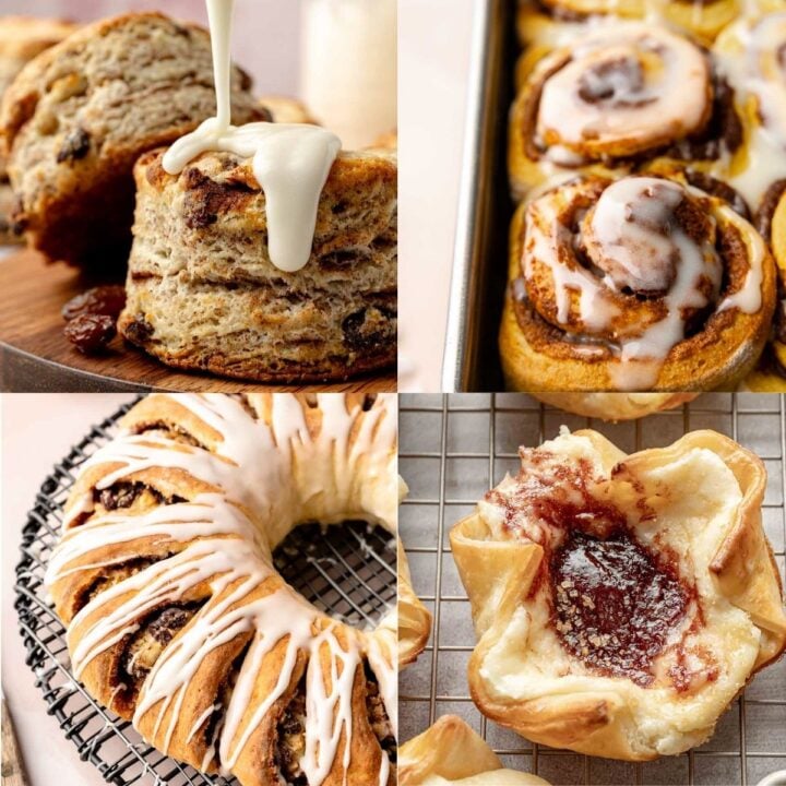 Gluten-free biscuits, cinnamon rolls, wreath bread, and jam-filled pastry with icing.
