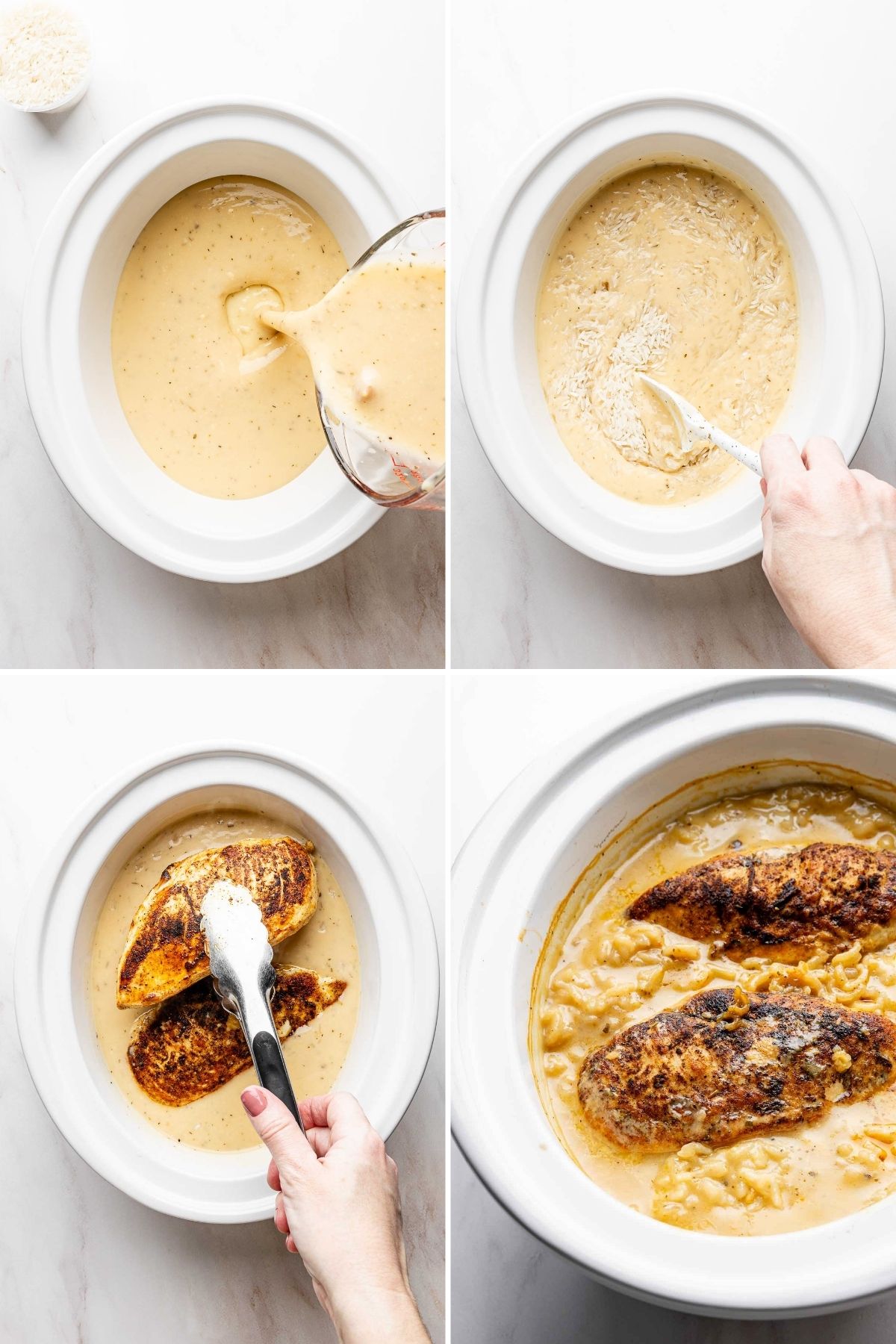 Collage showing: pouring cream soup mix into crock pot, stirring in rice, hand with tongs placing browned chicken on top, and finished creamy casserole.