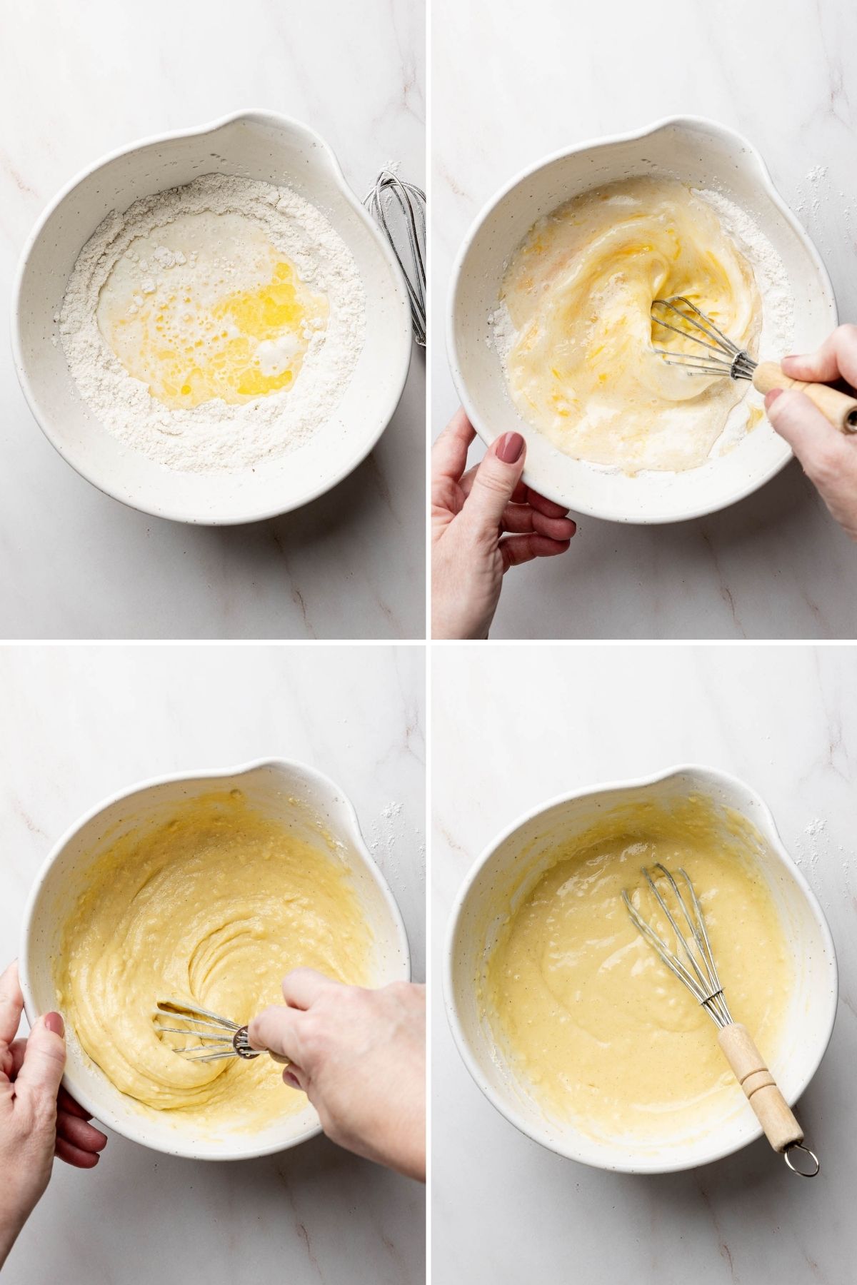 Mixing gluten-free pancake batter in a batter bowl with a whisk.