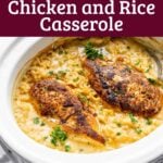 Golden brown chicken breasts on top of creamy rice inside 3 quart slow cooker.
