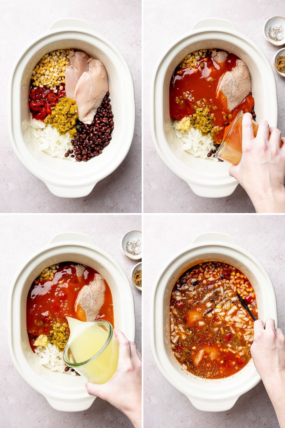 Crock pot base filled with recipe ingredients, stirred with spoon.