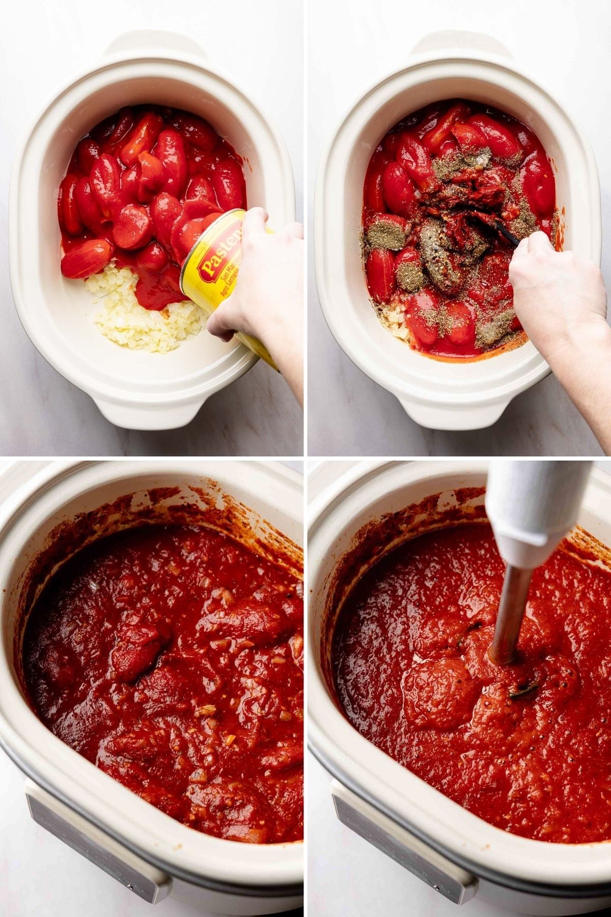 Four-step collage showing how to make slow cooker spaghetti sauce: adding tomatoes and garlic, sprinkling with Italian seasoning, the finished cooked sauce, and blending with an immersion blender.