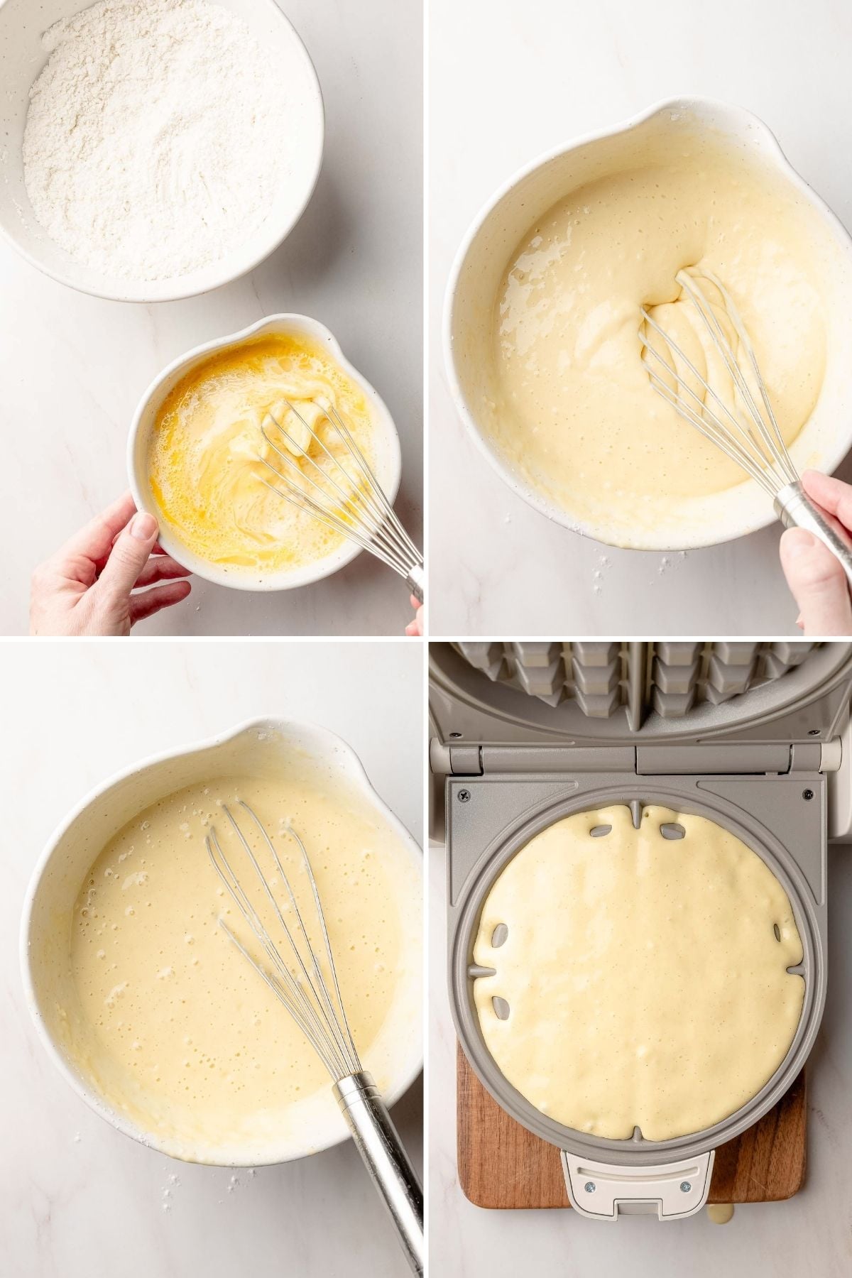 Ingredients for gluten-free waffles measured into small white bowls on a marble surface, including gluten-free flour blend, eggs, oil, milk, sugar, vanilla extract, baking powder, and salt.
