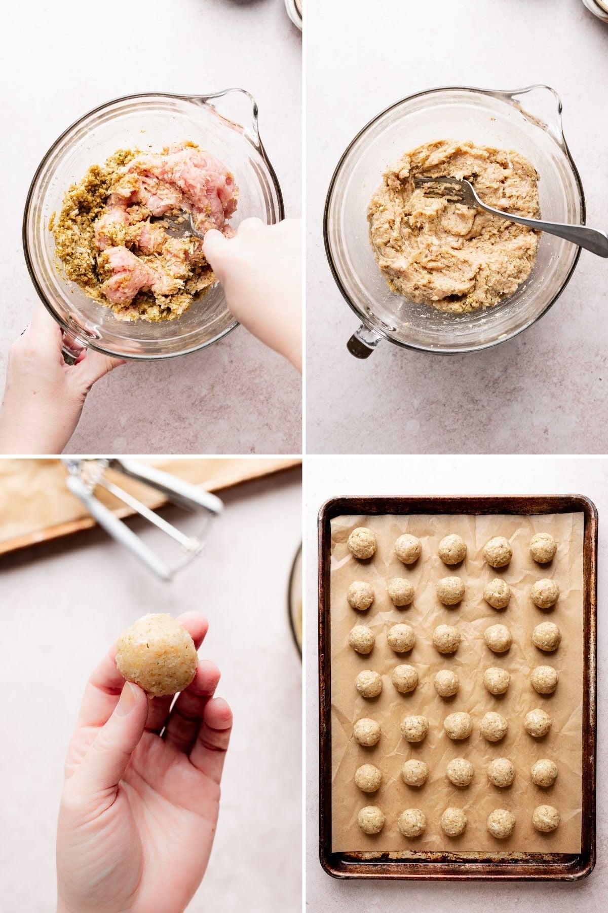 Step-by-step photo showing how to make turkey meatballs: combining ground turkey with breadcrumb mixture in a glass bowl, mixing until combined, rolling a single meatball by hand, and arranging rows of unbaked meatballs on a parchment-lined baking sheet.