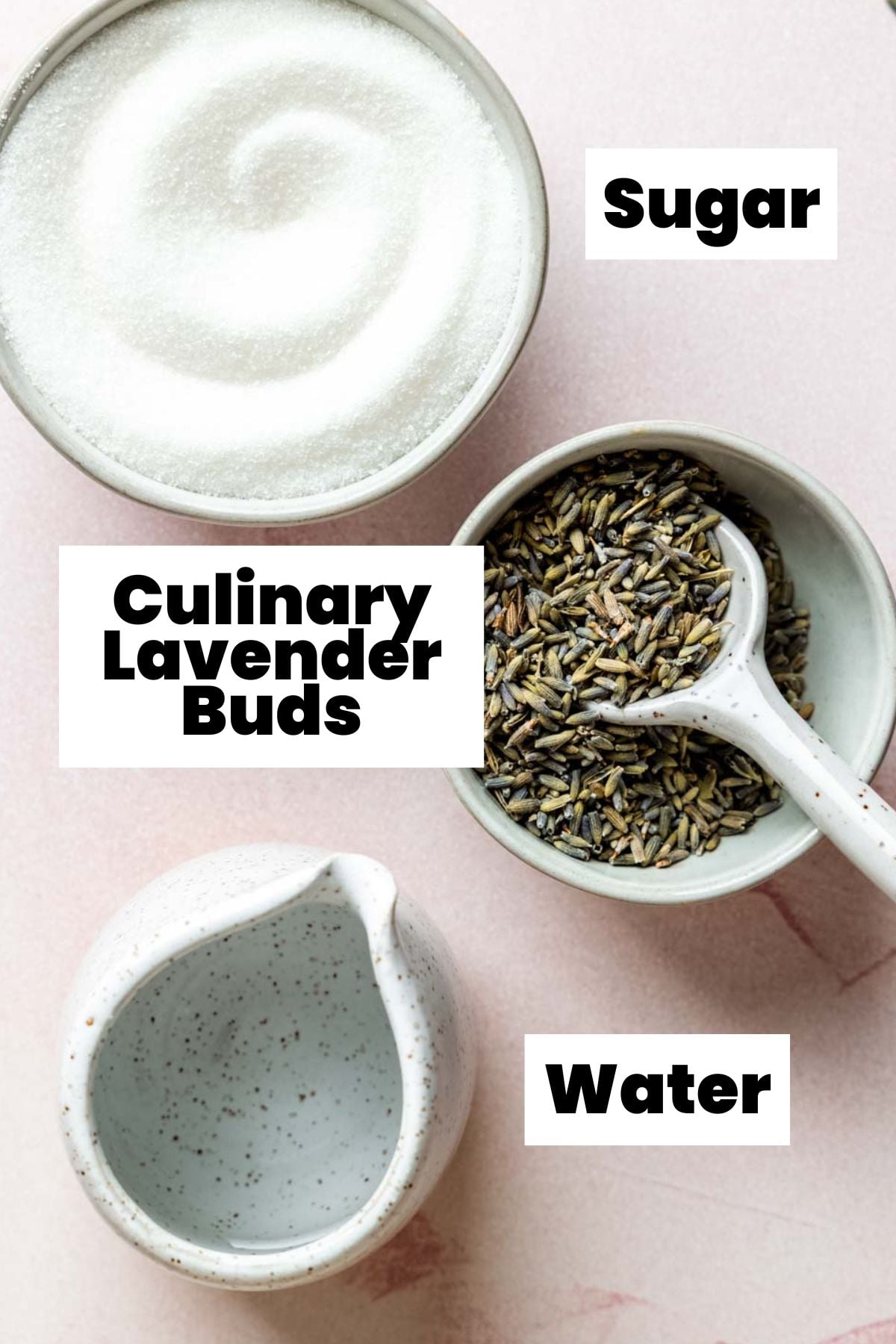 Three lavender syrup ingredients labeled: granulated sugar, dried culinary lavender buds, and water.