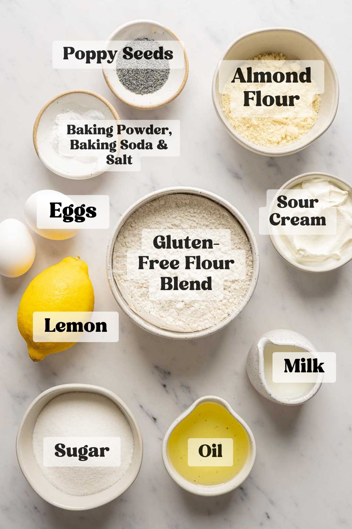 Labeled ingredients for lemon poppy seed muffins including flours, eggs, sugar, oil, and lemon.