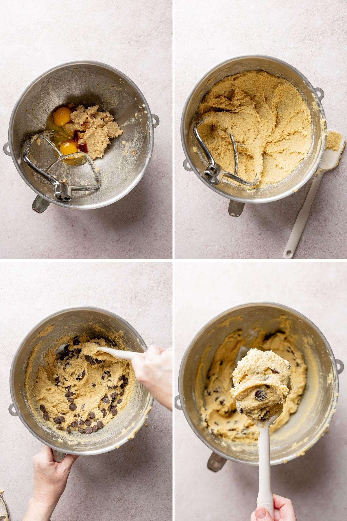 Image collage showing the various stages of cookie dough in mixing bowl. 