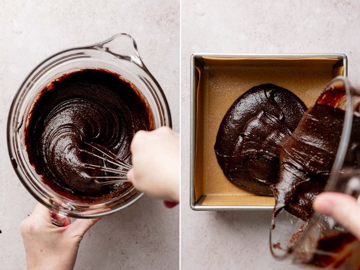 Thick brownie batter mixed in glass bowl next to Brownie batter pouring into parchment lined baking pan.