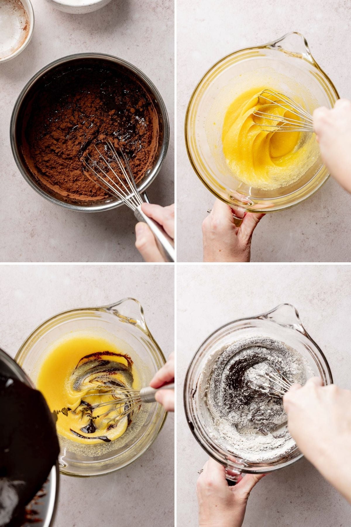 image collage showing steps of mixing batter in glass bowl with whisk.