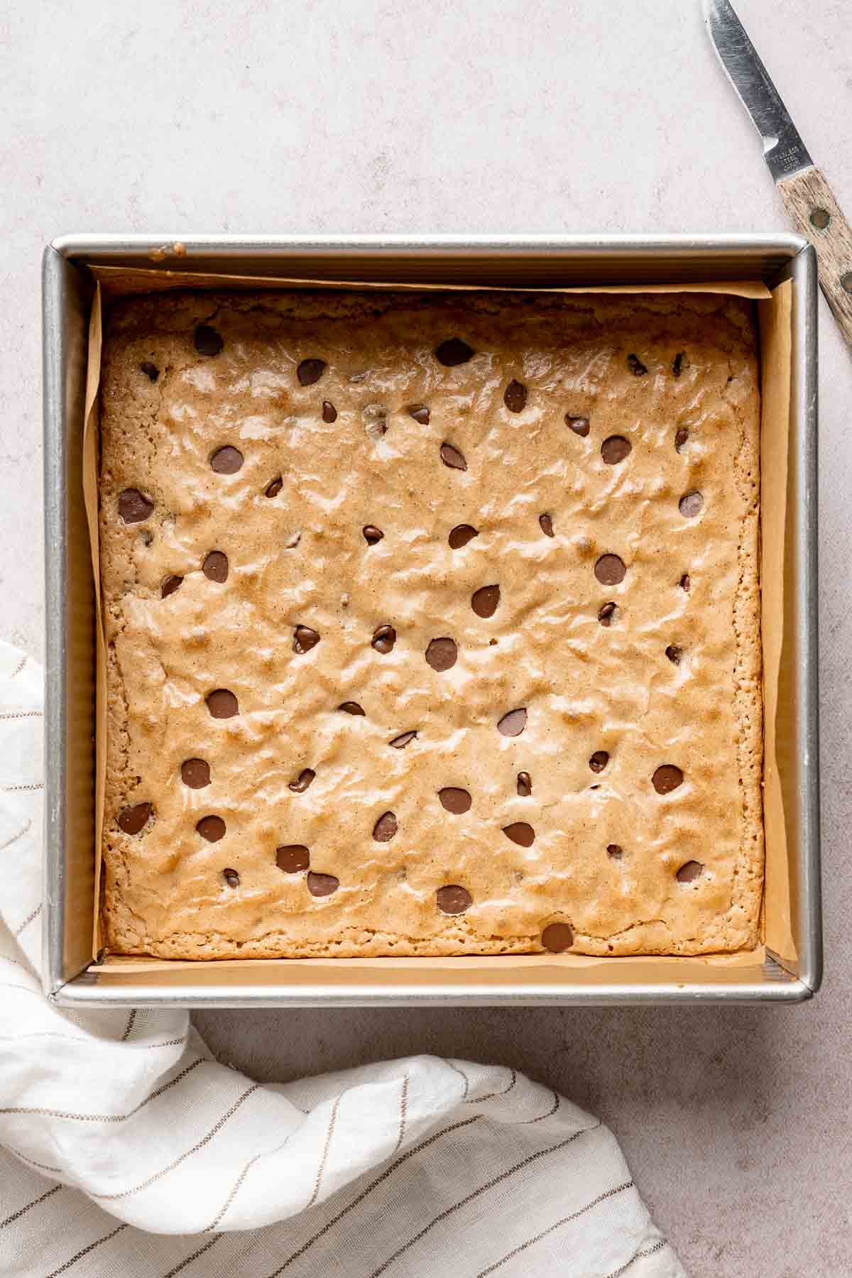 Blondies in square pan, baked until golden brown.