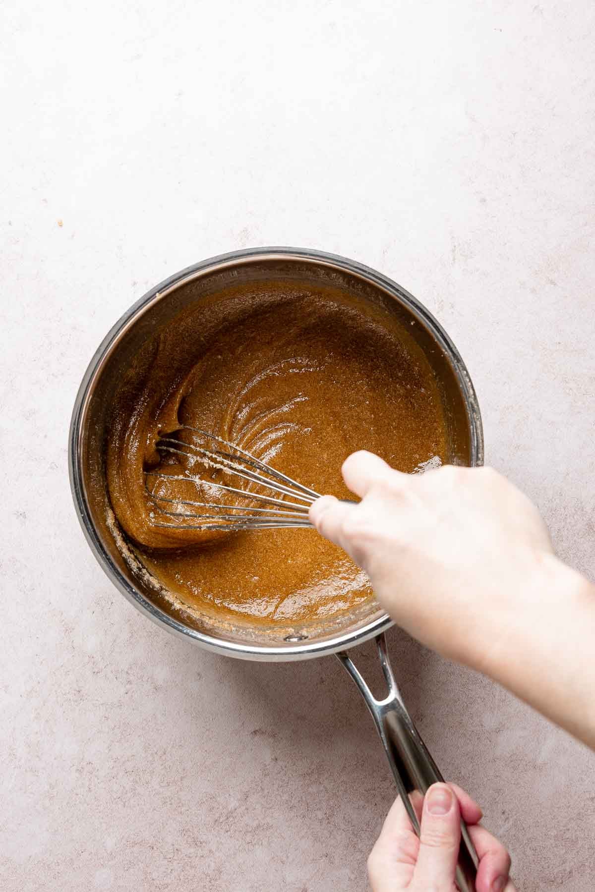 Eggs, milk, and vanilla whisked into brown sugar mixture.