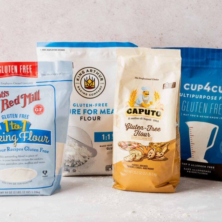 Bags of Bob's Red Mill, King Arthur, Caputo Fioreglut, and Cup4Cup gluten-free flour blends.