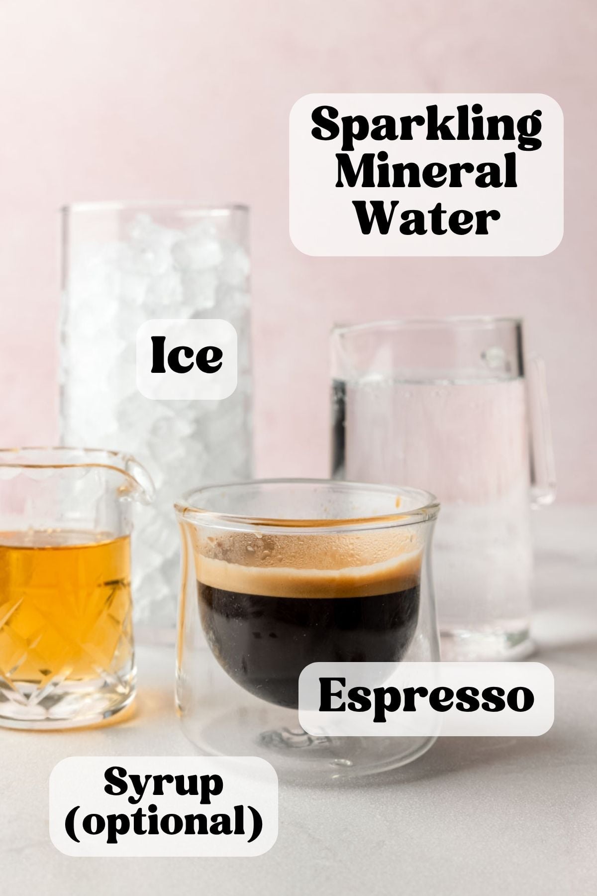 Espresso, ice, and sparkling mineral water shown as the three ingredients for a sparkling Americano.