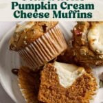 Gluten-free Starbucks cream cheese muffins on small pumpkin shaped plate, one sliced open to show filling inside.