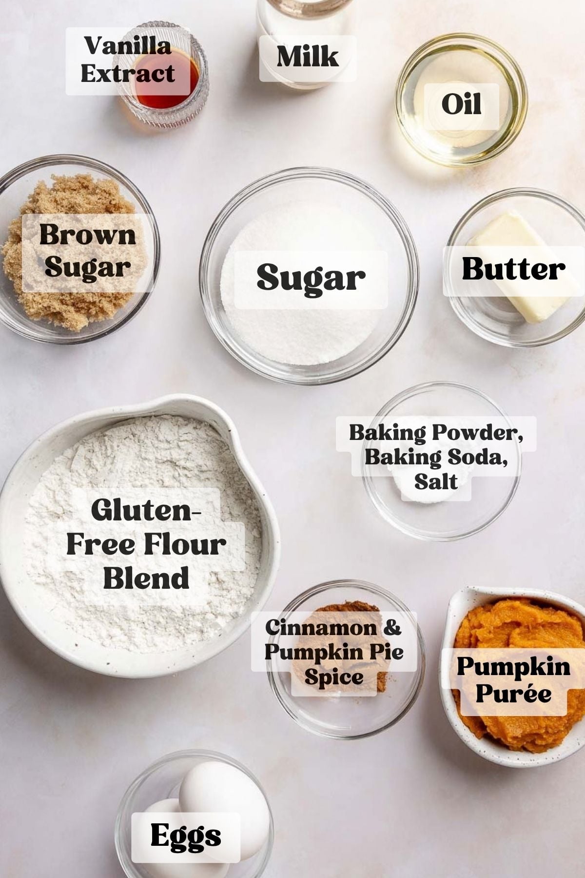 Ingredients for gluten-free pumpkin muffins measured out in bowls.