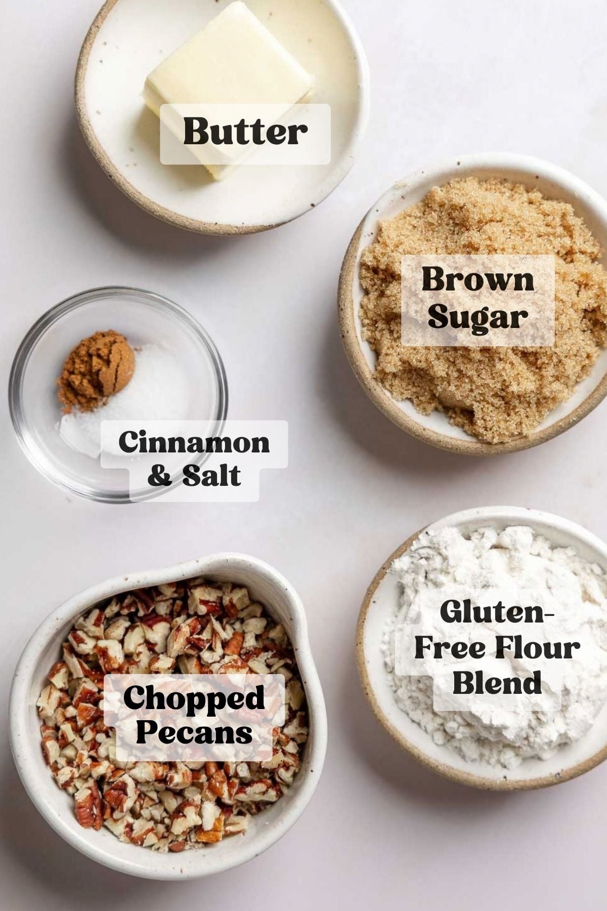 Ingredients for pumpkin streusel measured out in bowls.